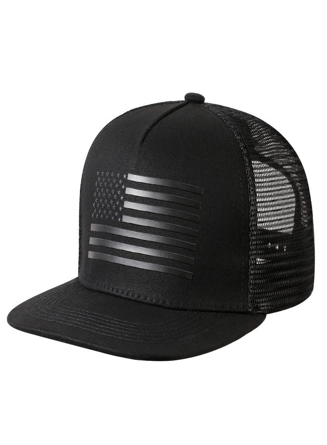 UALON Baseball Cap, Snapback Trucker Hat for Men & Women with American Flag and Adjustable, Breathable Mesh, Flat Bill Hats Black/Black - Image 1